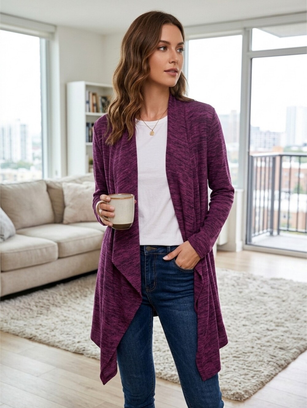 Woman's Burgundy & Black Marled Lightweight Open Front Waterfall Cardigan